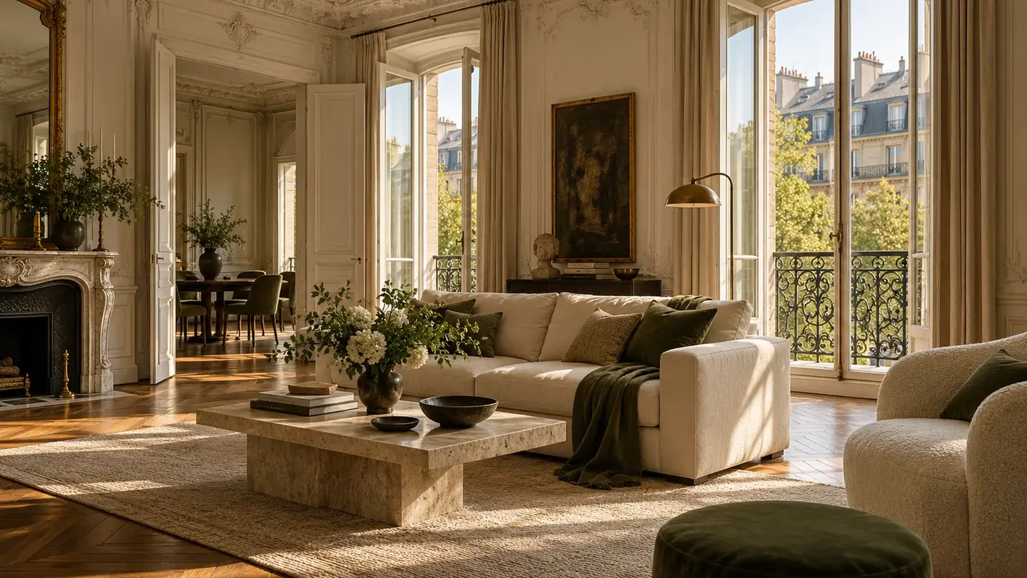 Illustration d’ambiance : salon d’appartement haussmannien baigné de lumière