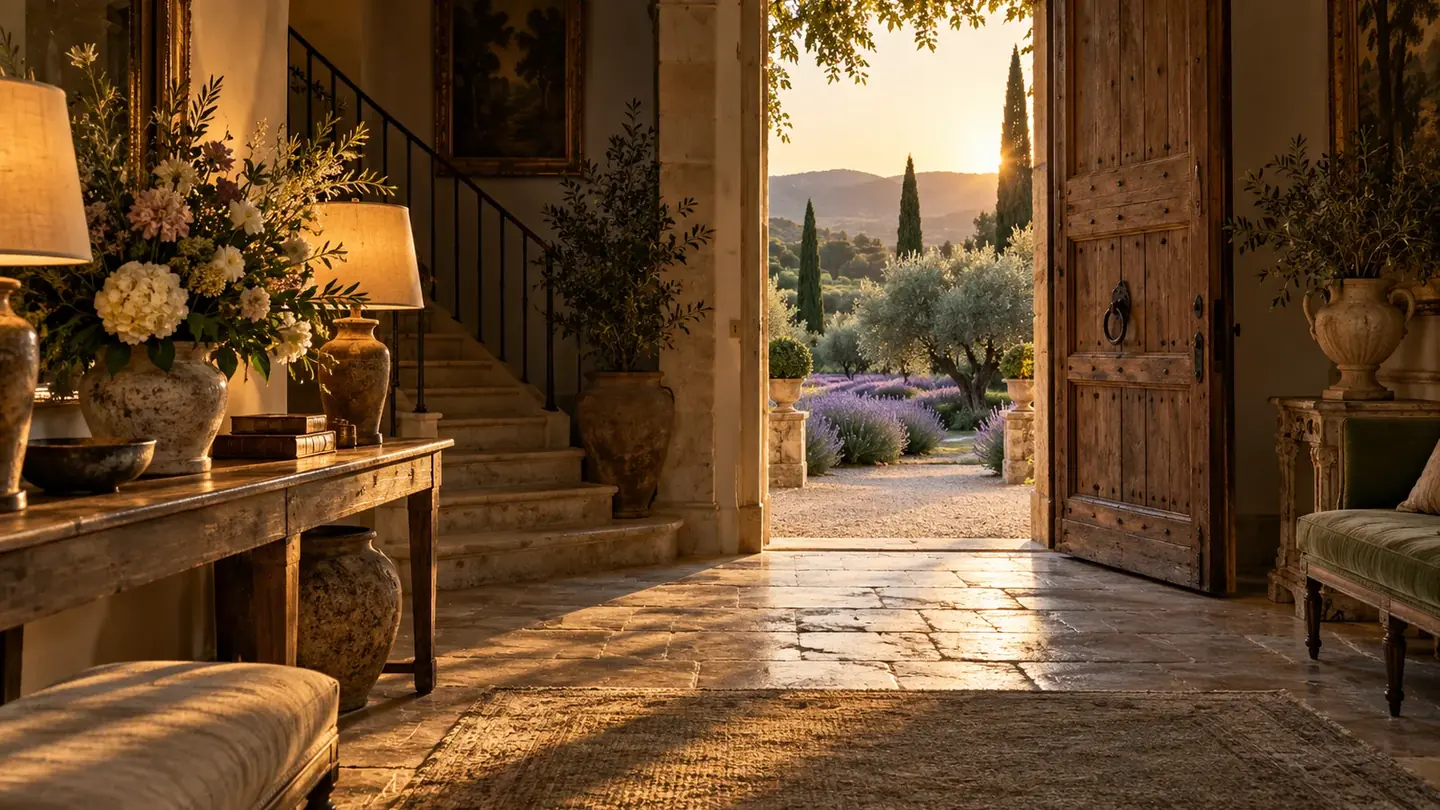 Illustration d’ambiance : entrée d’un mas provençal au soleil couchant, porte en chêne ouverte et bouquet de fleurs du jardin sur une console