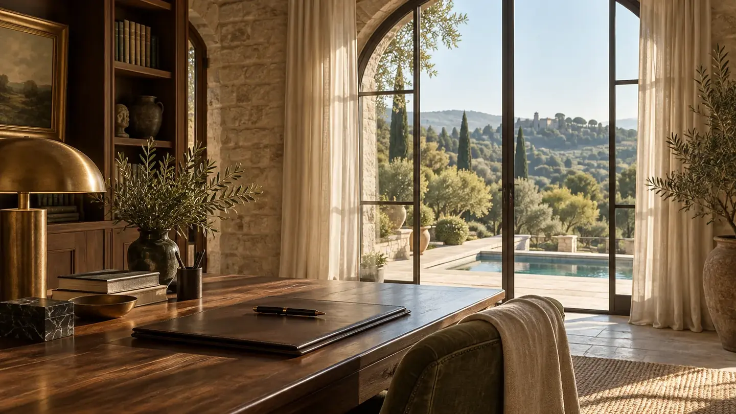 Illustration d’ambiance : bureau dans une villa provençale en pierre, dossier en cuir et stylo plume près d’une fenêtre en arche