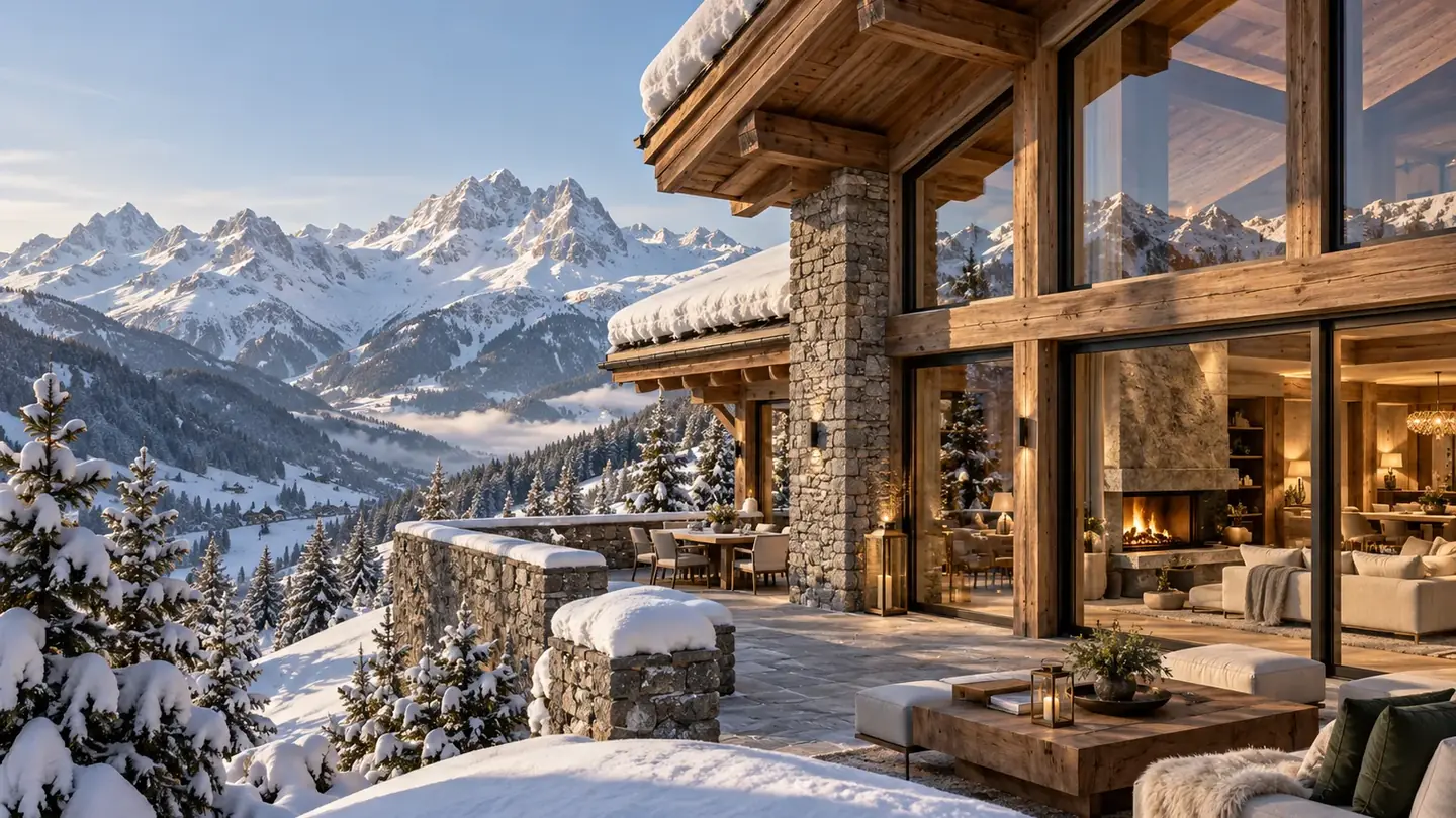 Illustration d’ambiance : chalet de prestige face aux sommets enneigés des Trois Vallées