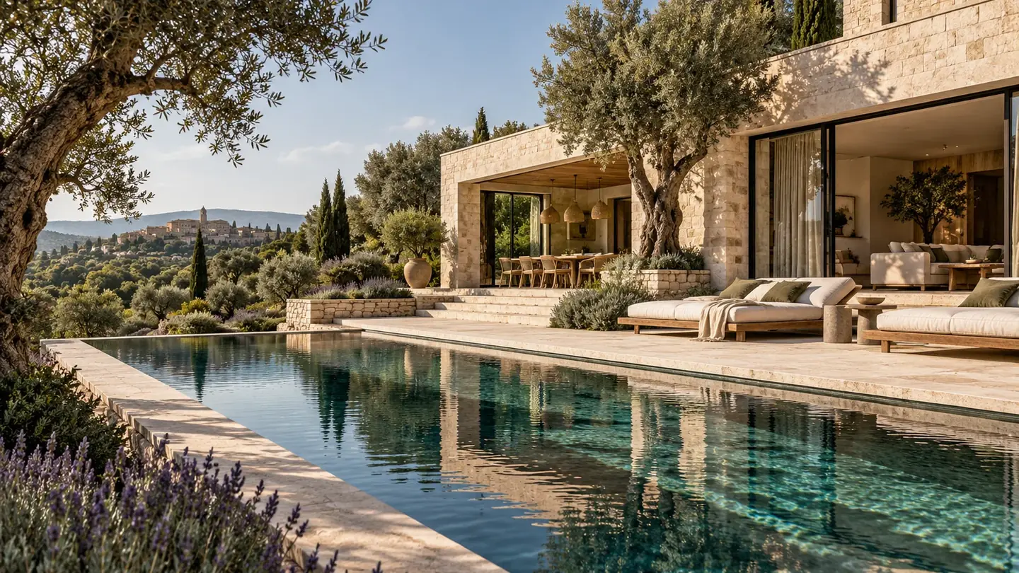 Illustration d’ambiance : villa contemporaine en pierre claire entourée d’oliviers
