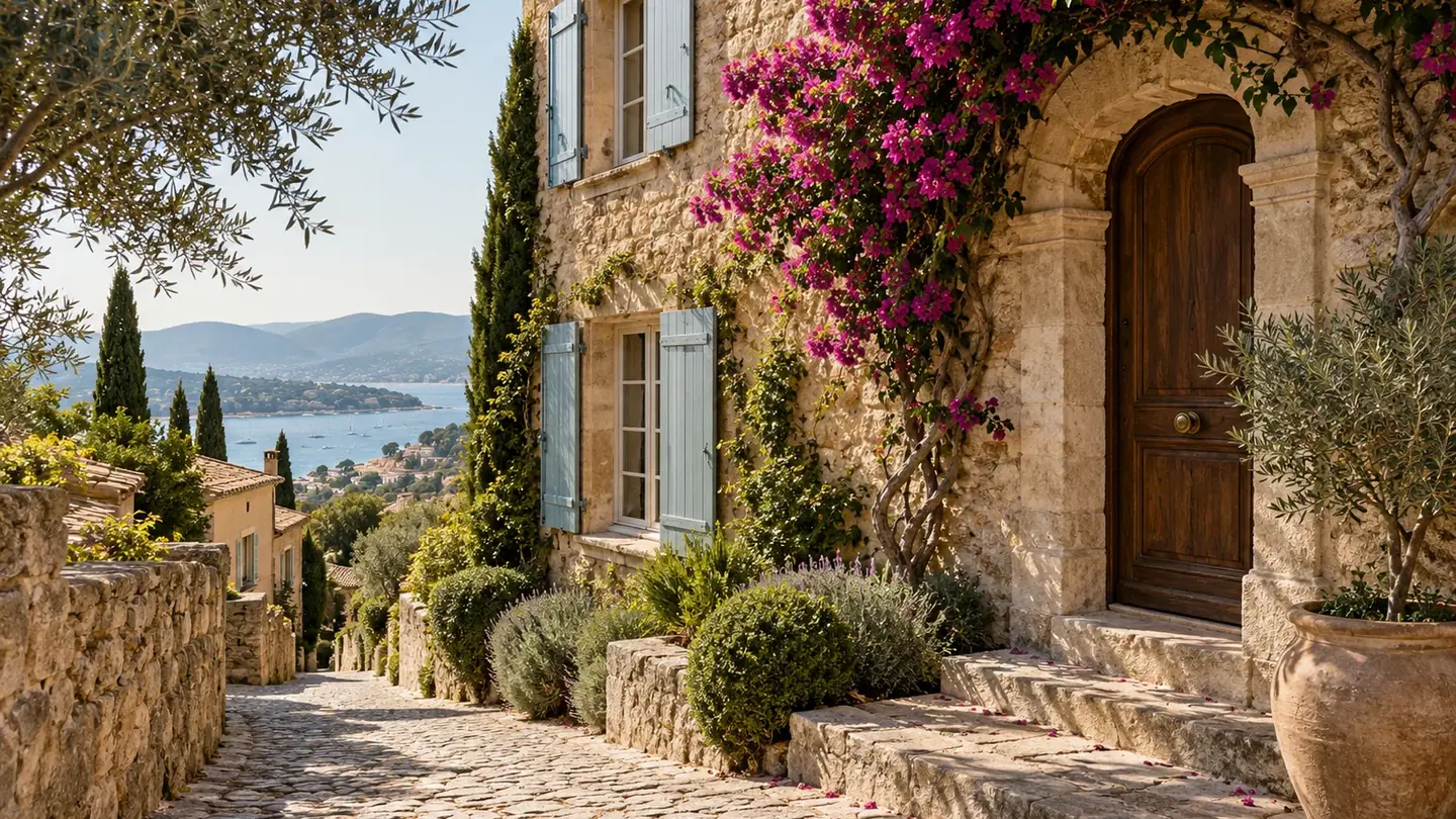 Illustration d’ambiance : façade d’une maison de village provençale aux volets bleus, ruelle pavée et bougainvillier en fleurs