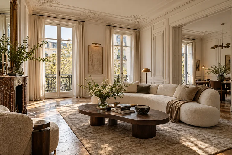Illustration d’ambiance : salon haussmannien avec moulures et parquet