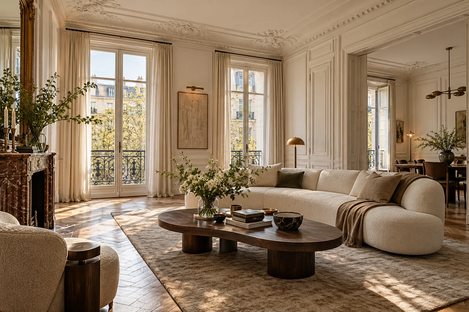 Illustration d’ambiance : salon parisien avec moulures, parquet et mobilier contemporain