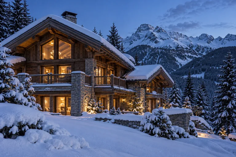 Illustration d’ambiance : chalet en bois et pierre sous la neige