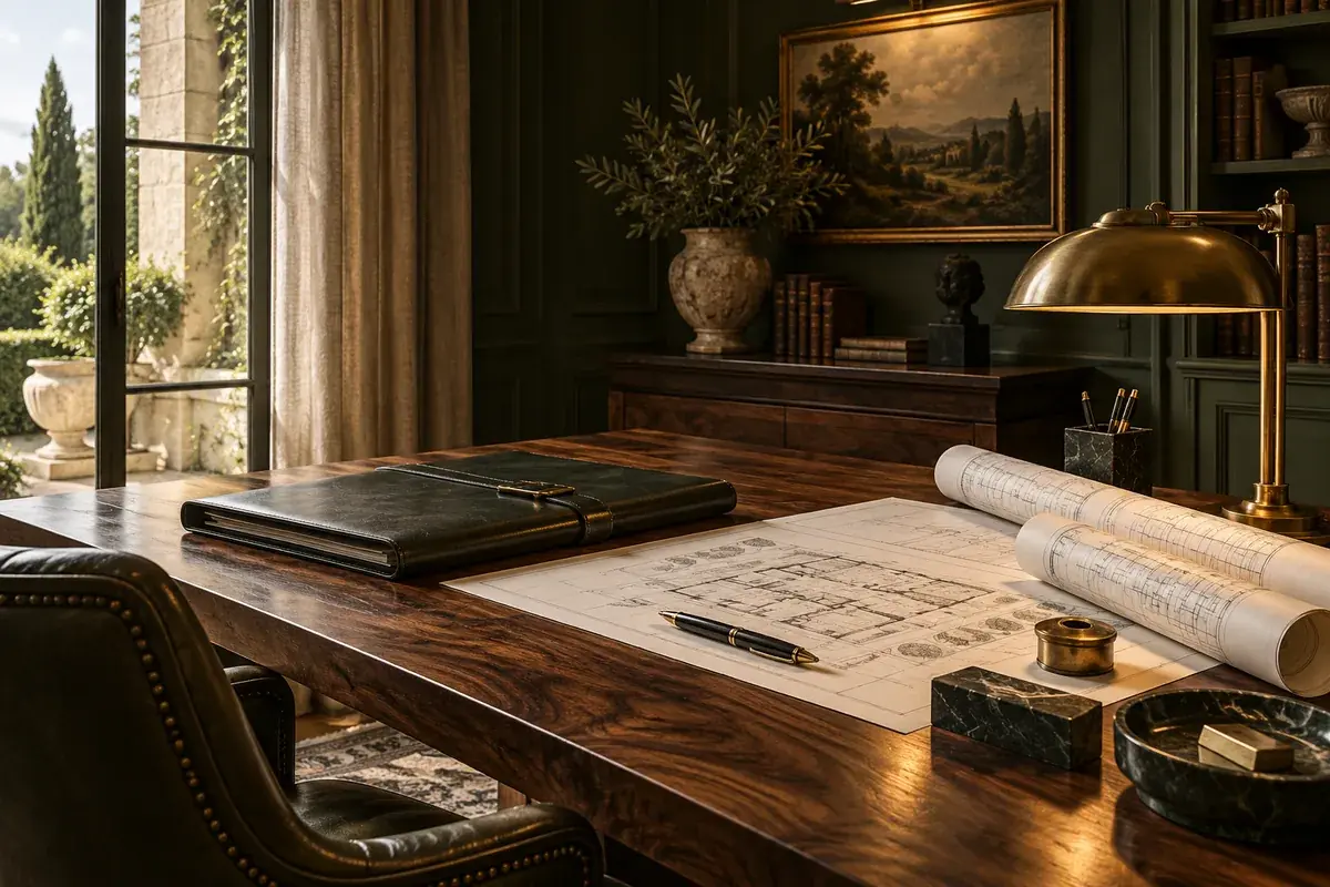 Illustration d’ambiance : bureau en noyer avec dossier relié, plans d’architecte et lampe en laiton