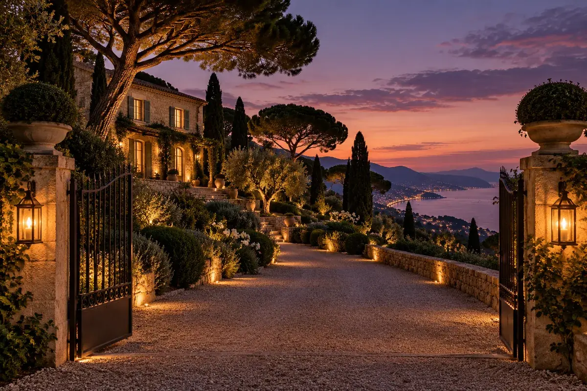 Illustration d’ambiance : allée de gravier d’une villa sur les hauteurs de la Côte d’Azur au crépuscule, lanternes allumées et mer au loin