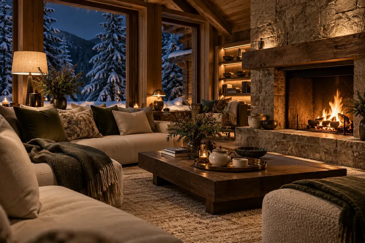 Illustration d’ambiance : salon de chalet alpin la nuit après une chute de neige, feu de cheminée, lampes allumées et plaids pliés sur le canapé