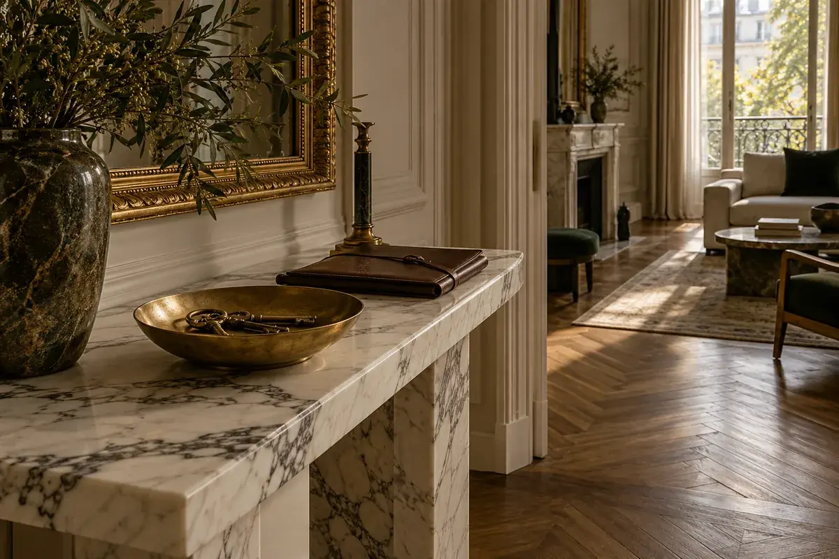 Illustration d’ambiance : console en marbre dans l’entrée d’un appartement parisien, coupe en laiton avec des clés anciennes et carnet en cuir