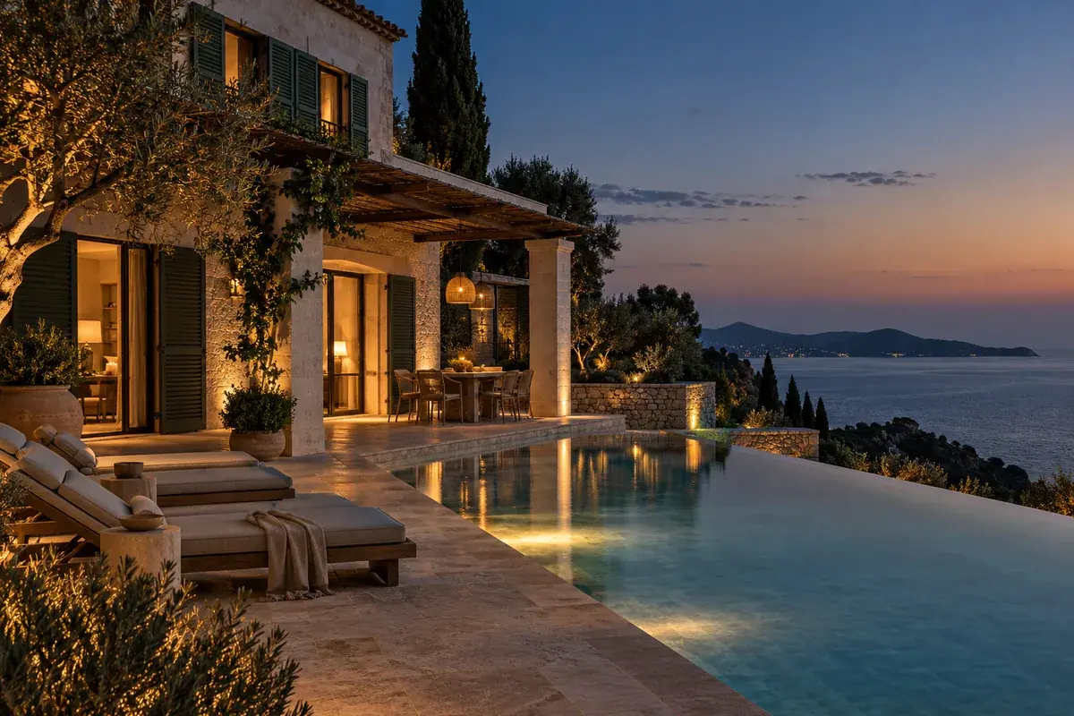 Illustration d’ambiance : villa méditerranéenne contemporaine au crépuscule, volets mi-clos, terrasse éclairée et piscine à débordement face à la mer