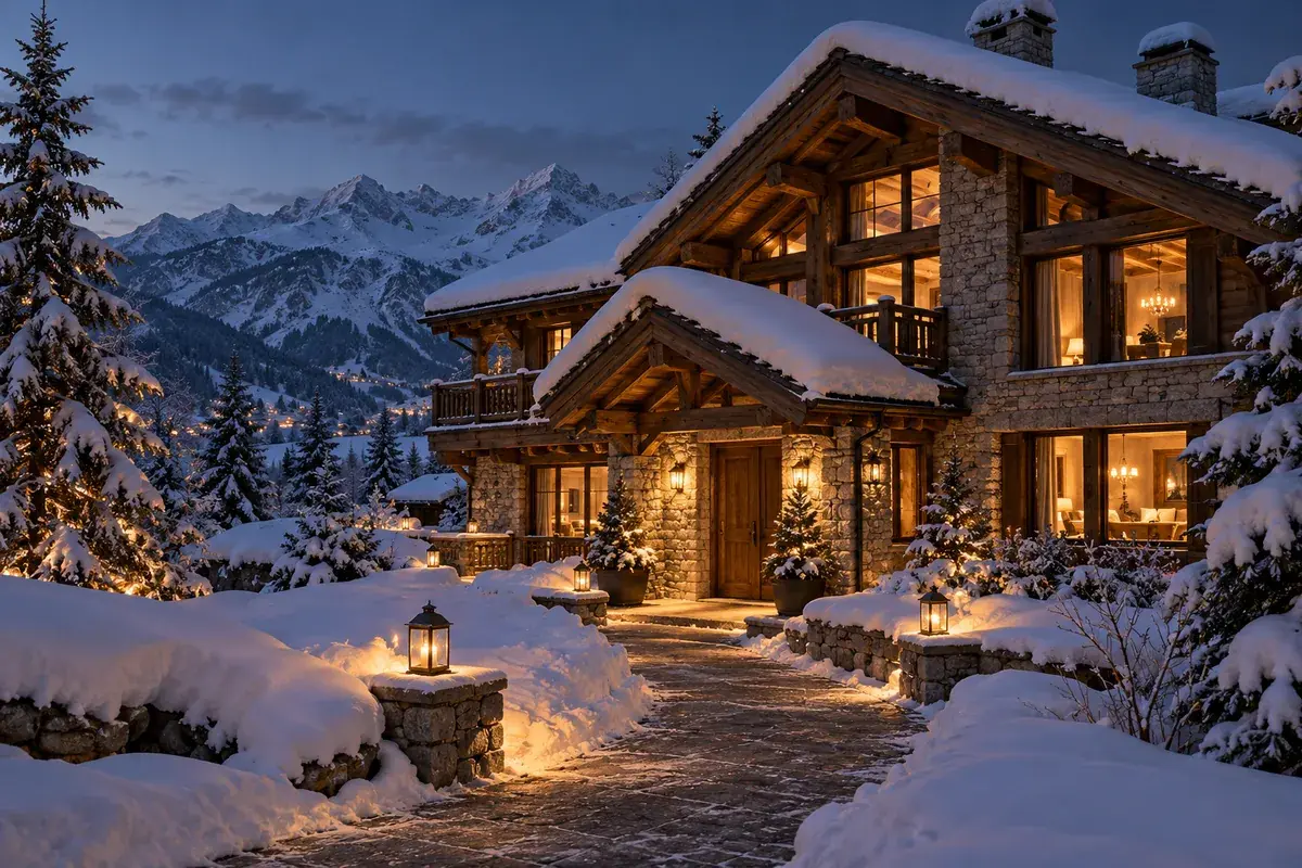 Illustration d’ambiance : chalet en bois et pierre sous la neige au crépuscule, fenêtres éclairées