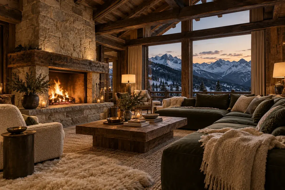 Illustration d’ambiance : salon de chalet avec cheminée allumée, poutres anciennes et baie vitrée sur les sommets enneigés