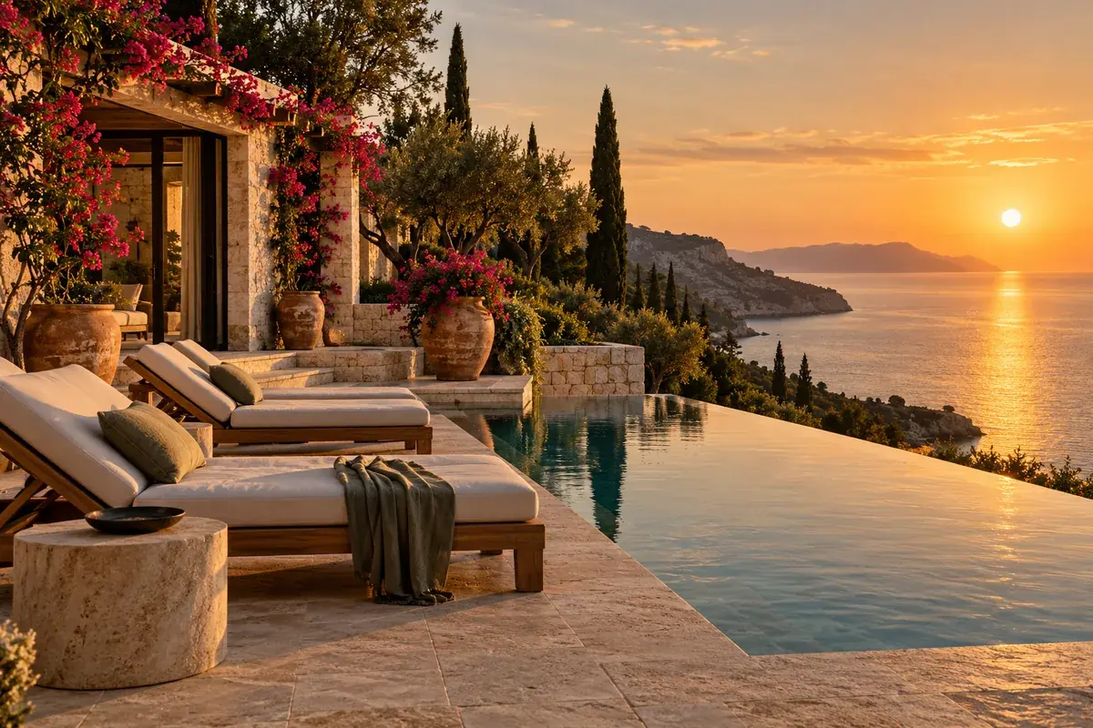 Illustration d’ambiance : terrasse de villa méditerranéenne avec piscine à débordement au coucher du soleil
