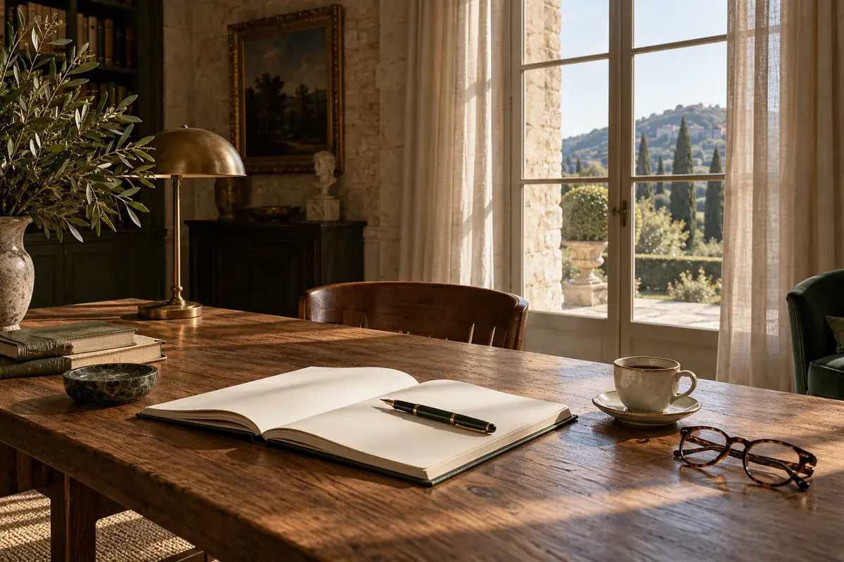 Illustration d’ambiance : table en chêne avec carnet ouvert, stylo plume et tasse de café près d’une fenêtre