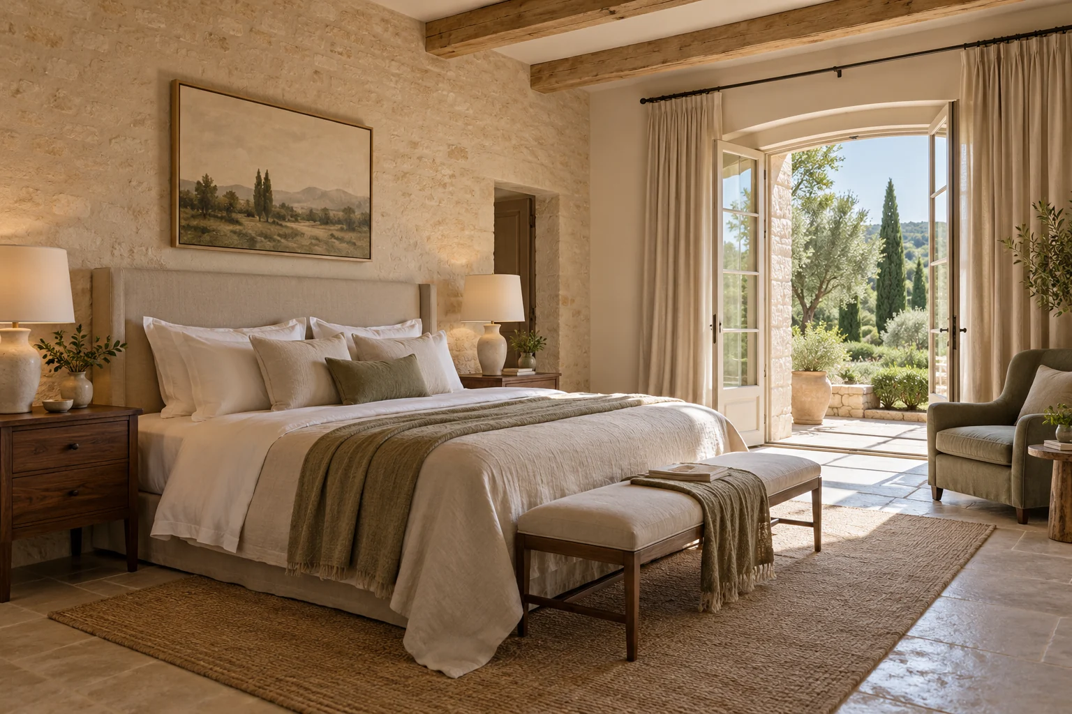 Illustration d’ambiance : chambre en pierre naturelle et linge de lin ouverte sur un jardin