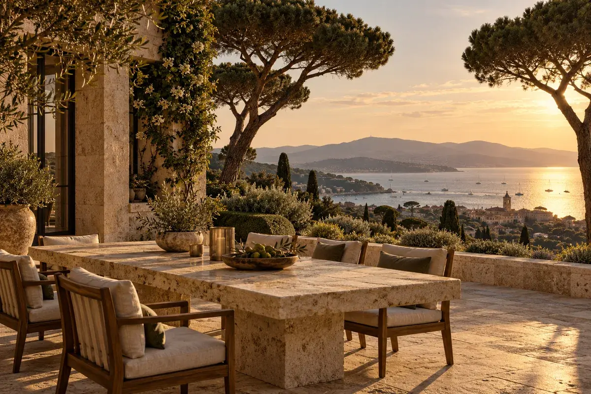 Illustration d’ambiance : terrasse d’une villa provençale au-dessus du golfe de Saint-Tropez, table en pierre et pins parasols en fin d’après-midi
