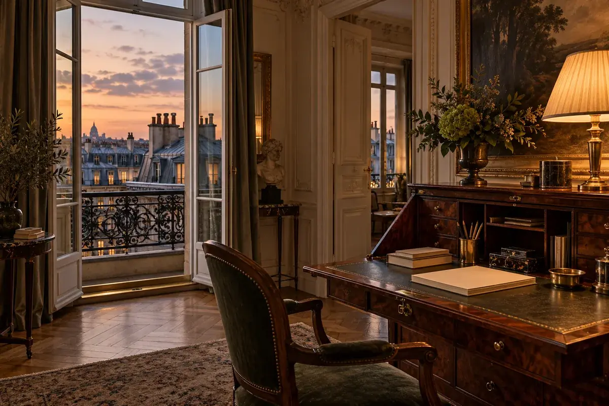 Illustration d’ambiance : bureau dans un appartement haussmannien, secrétaire en bois précieux, lampe en laiton allumée et fenêtre ouverte sur les toits de Paris