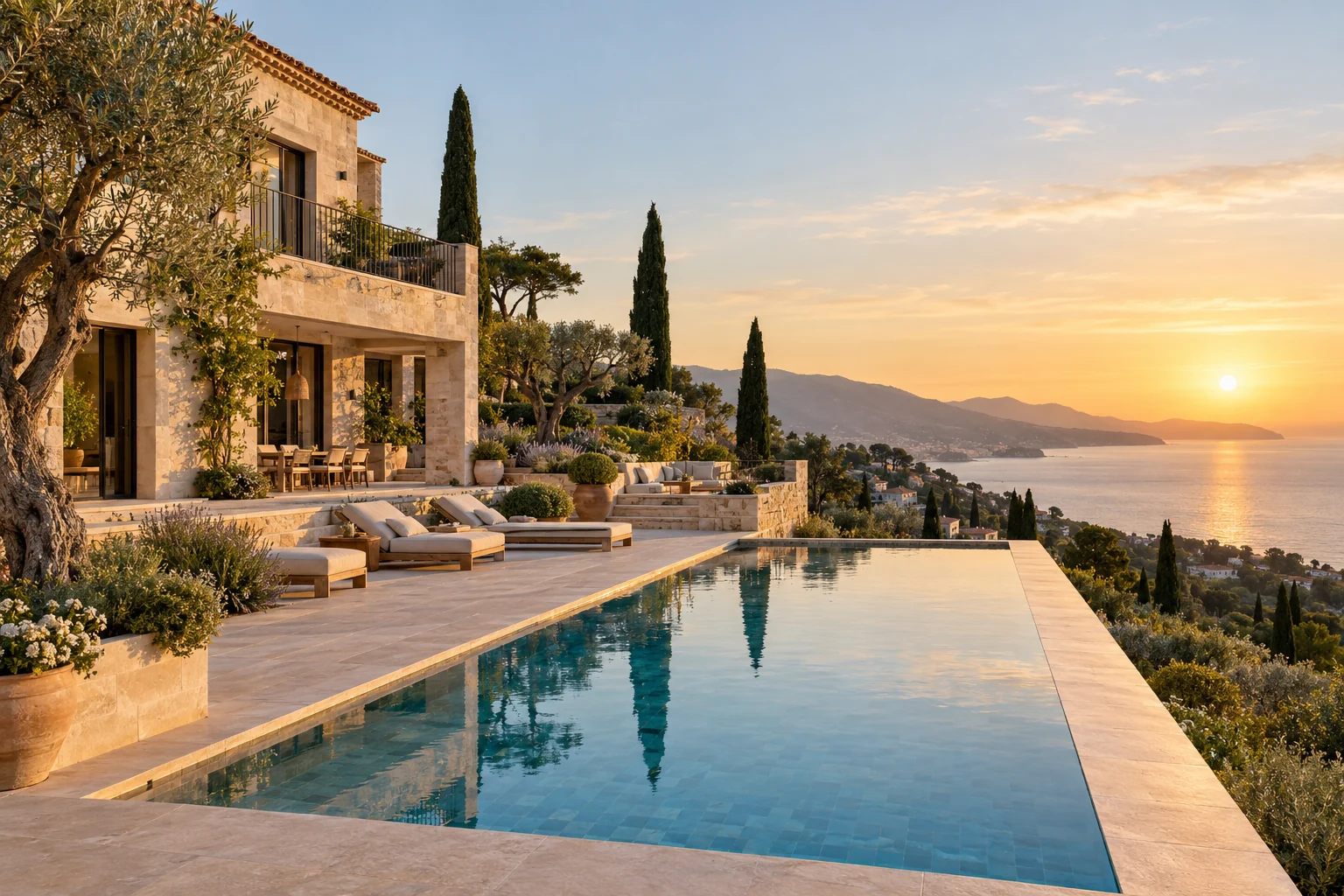 Illustration d’ambiance : villa en pierre avec piscine face à la mer